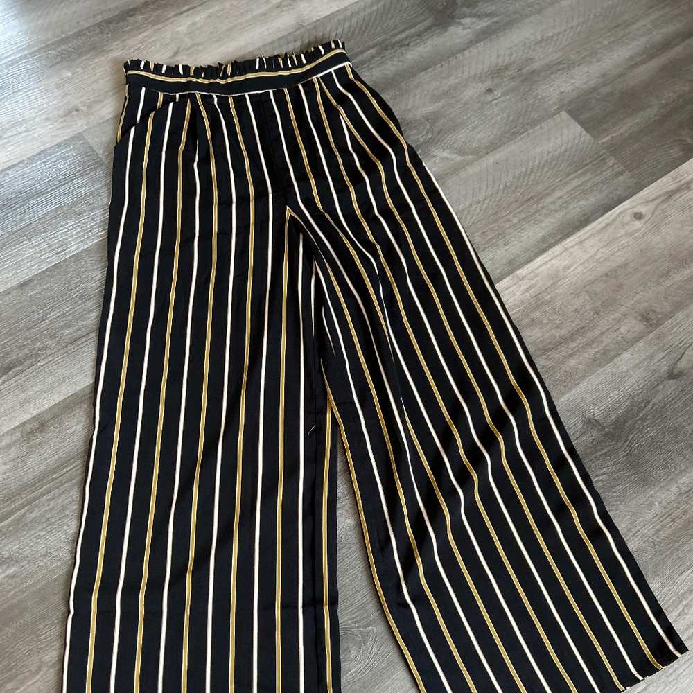 Black gold and white striped summer spring trousers wide leg flowy